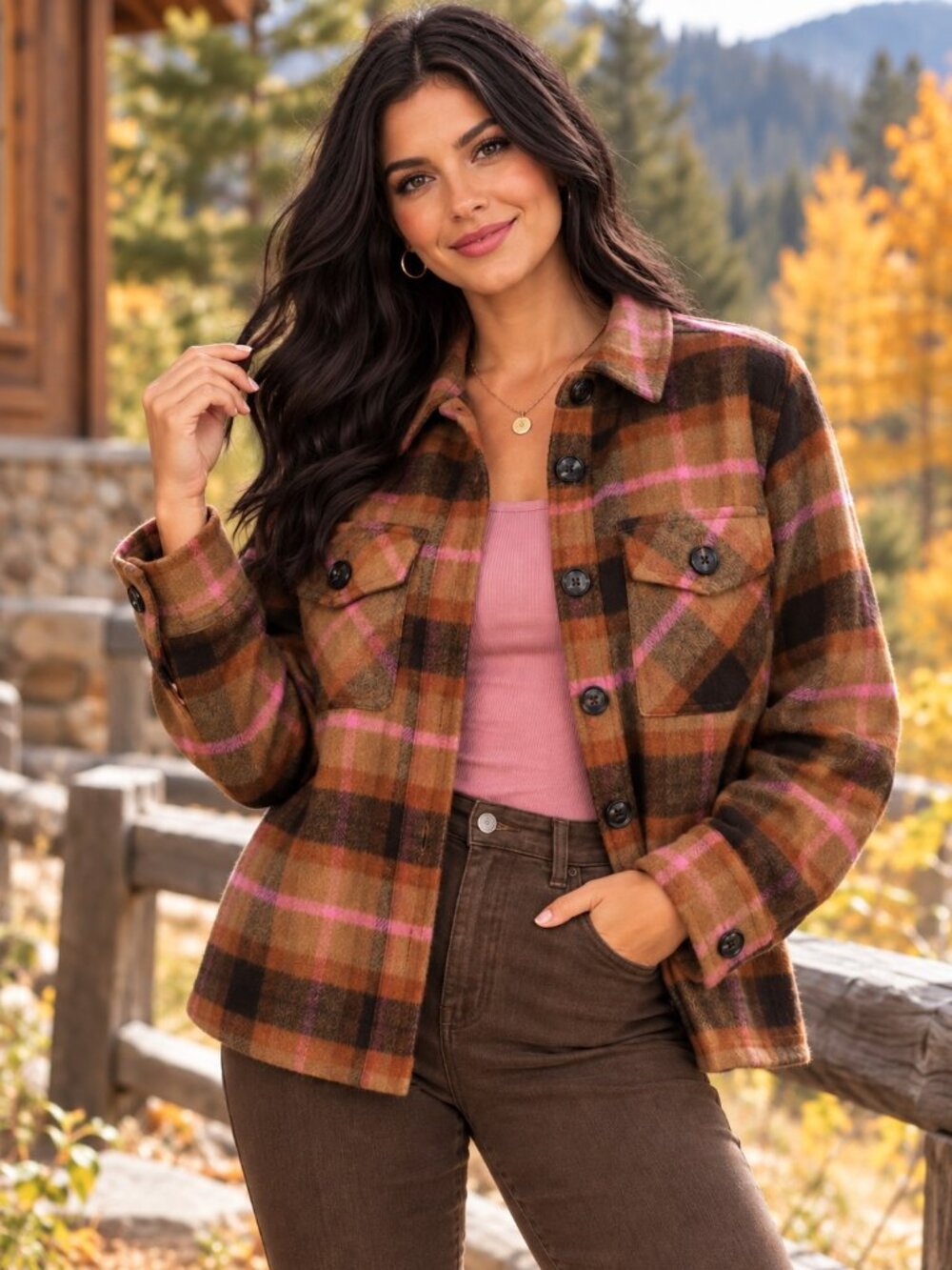 BB Dakota Steve Madden Brown Pink Plaid Boxy Shacket Jacket Womens M NWT